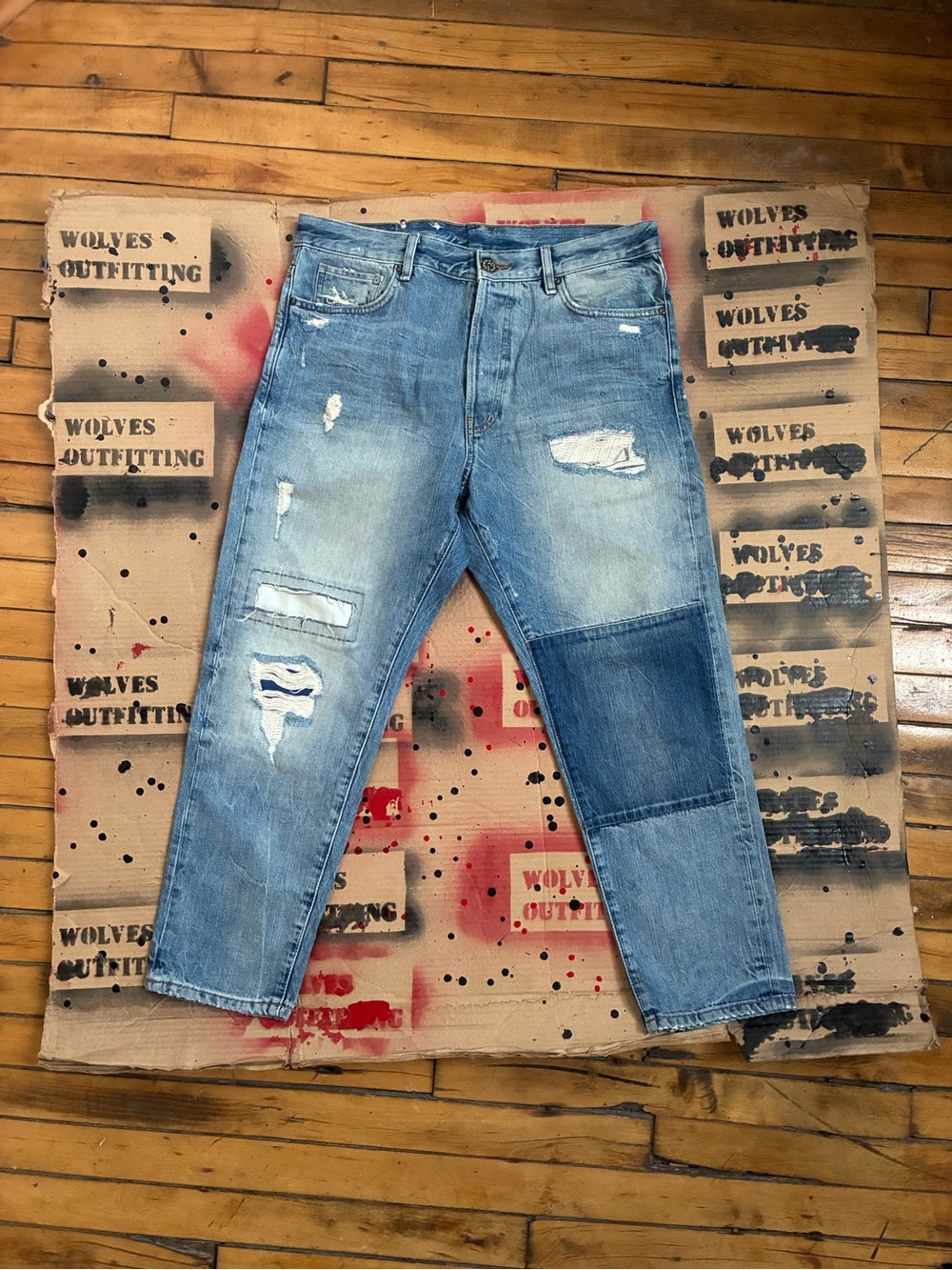 H&M Light Blue Distressed Patchwork Jeans